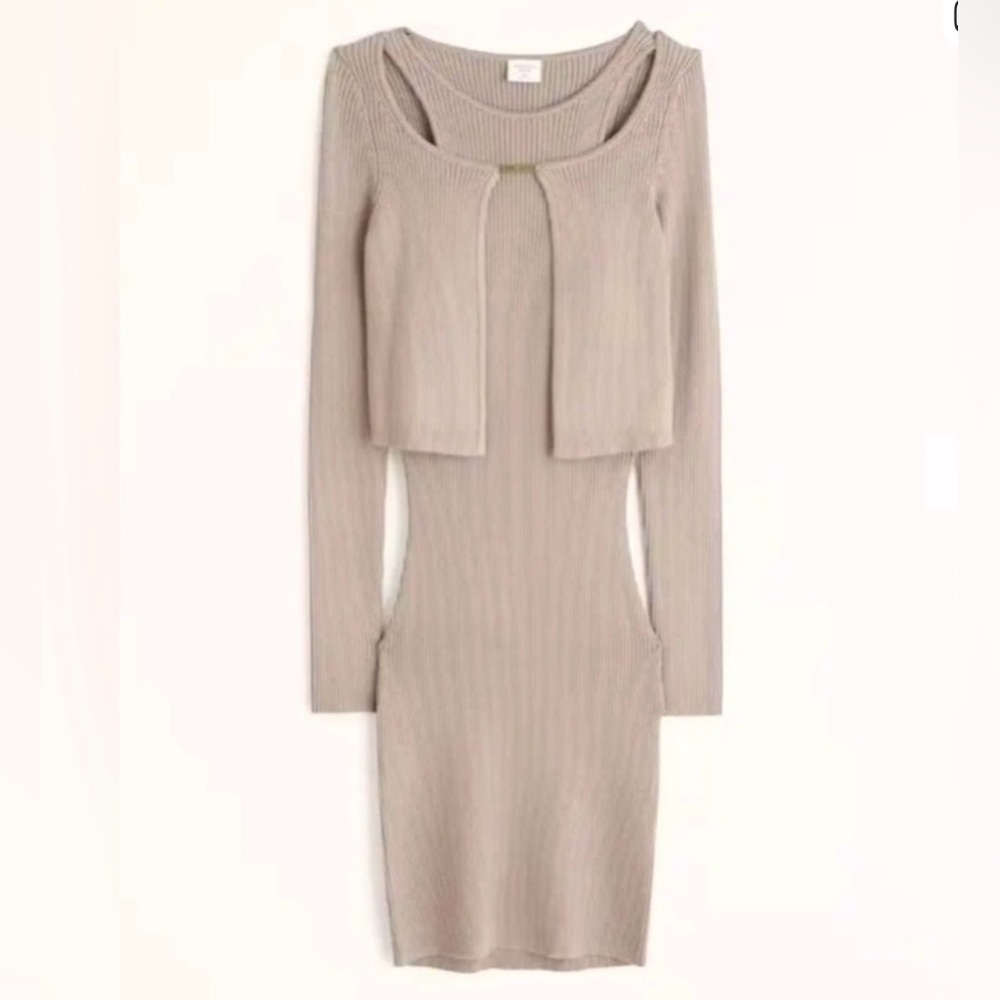 Abercrombie & Fitch Taupe Ribbed Long-Sleeve Dress with Cropped Cardigan